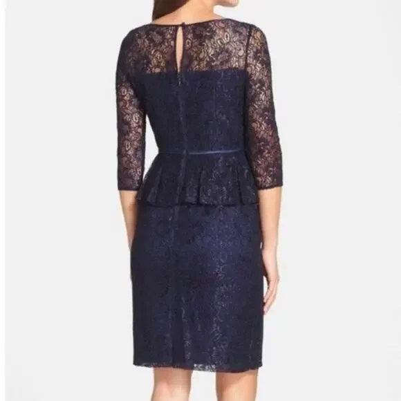 ADRIANNA PAPELL 12 Women's Lace Overlay Sheath Dress Peplum Navy Cocktail Short - Picture 5 of 14